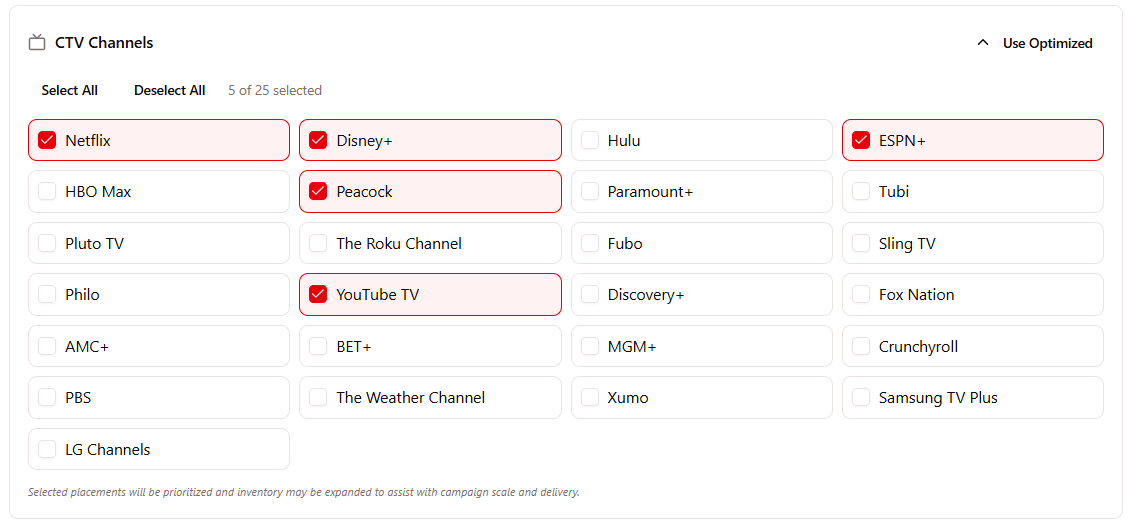 CTV network selector inside the Manifold campaign wizard, showing premium streaming networks with multi-select